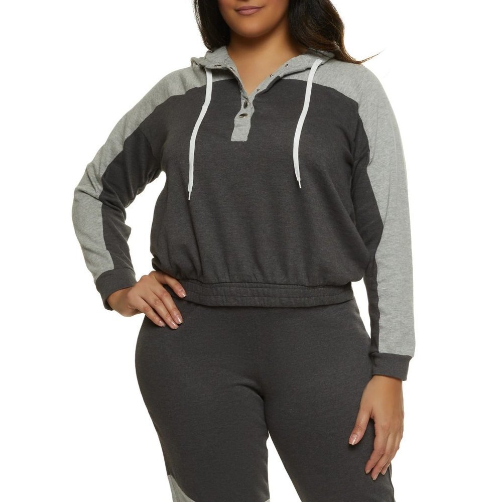 Rouge‎ Collection Snap Button Color Block Hoodie - Charcoal - Size 2X